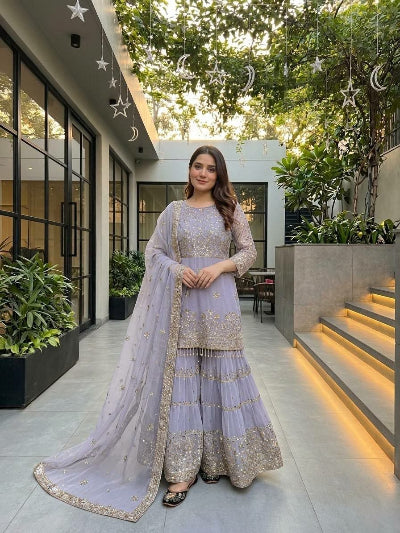Pastel Lavender Sequins Embroidered Georgette Gharara Suit with Latkan