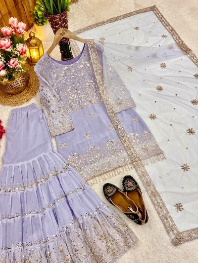 Pastel Lavender Sequins Embroidered Georgette Gharara Suit with Latkan