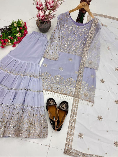 Pastel Lavender Sequins Embroidered Georgette Gharara Suit with Latkan