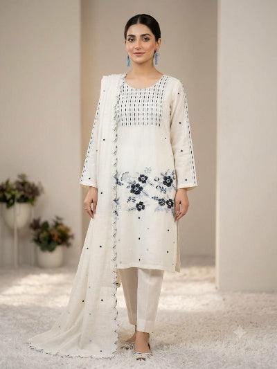 White Embroidery Work Straight Suit Set