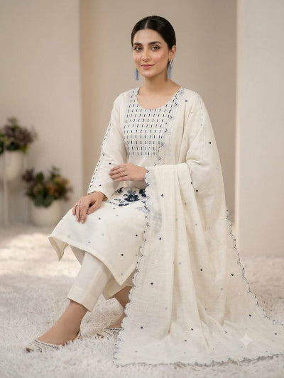 White Embroidery Work Straight Suit Set