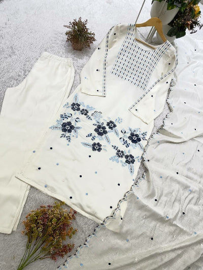 White Embroidery Work Straight Suit Set