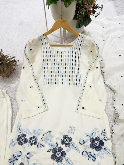 White Embroidery Work Straight Suit Set