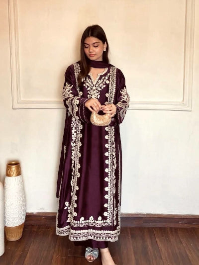 Wine Embroidered Straight Salwar Suit with Organza Dupatta