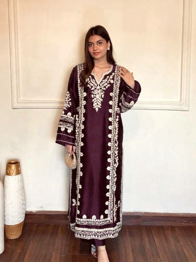 Wine Embroidered Straight Salwar Suit with Organza Dupatta