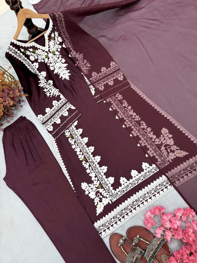 Wine Embroidered Straight Salwar Suit with Organza Dupatta
