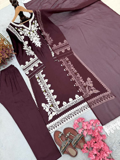Wine Embroidered Straight Salwar Suit with Organza Dupatta