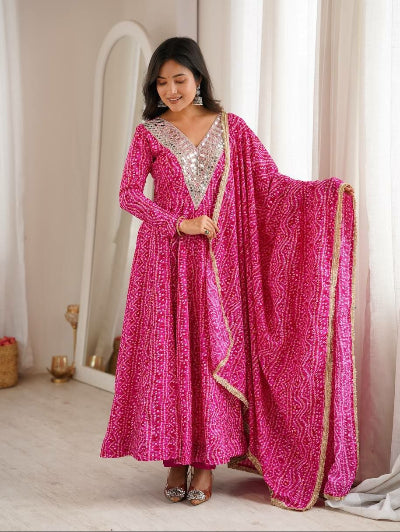 Pink Bandhani Mirror Work Anarkali Suit