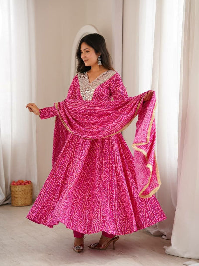 Pink Bandhani Mirror Work Anarkali Suit