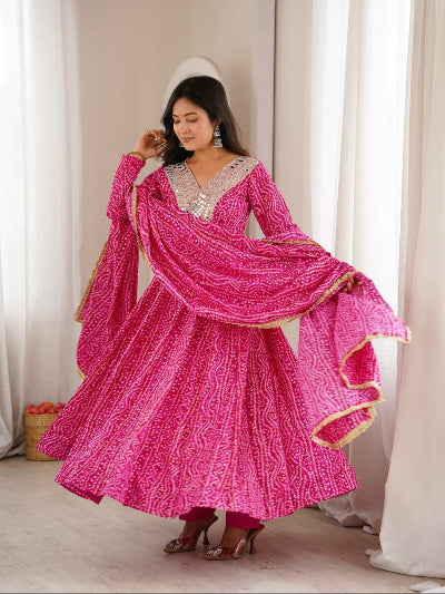 Pink Bandhani Mirror Work Anarkali Suit