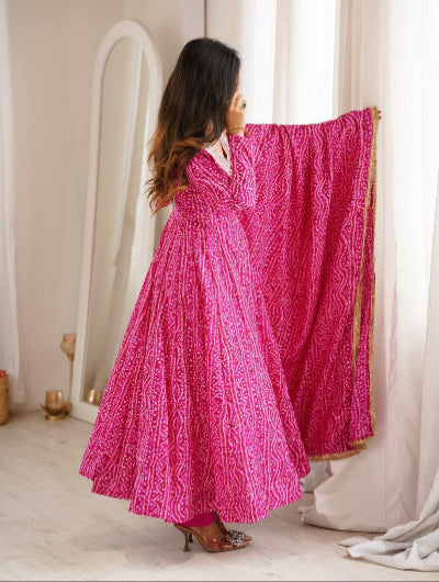 Pink Bandhani Mirror Work Anarkali Suit