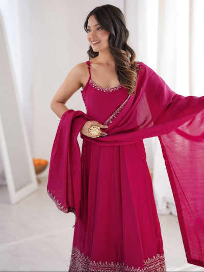 Dark Pink Sleeveless Anarkali Suit Set