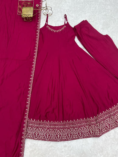 Dark Pink Sleeveless Anarkali Suit Set