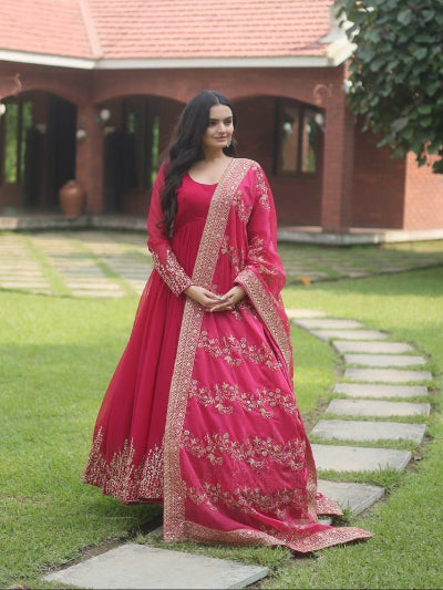 Hot Pink Sequins Embroidery Gown Dupatta Set Of 2