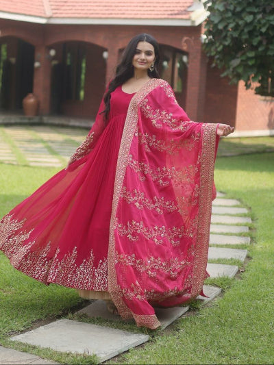 Hot Pink Sequins Embroidery Gown Dupatta Set Of 2