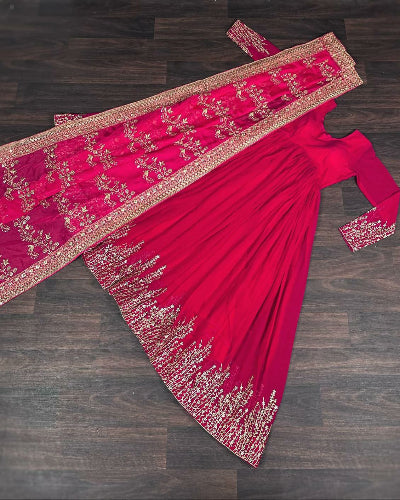 Hot Pink Sequins Embroidery Gown Dupatta Set Of 2