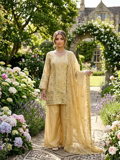 Gold Sequence Work Embroidery Palazzo Suit