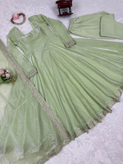 Pista Green Graceful Embroidery Anarkali Suit