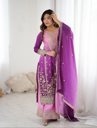 Purple Shaded Chinon Silk Sequins Work Palazzo Suit