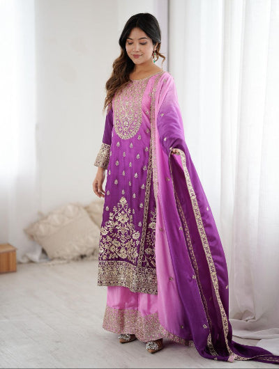Purple Shaded Chinon Silk Sequins Work Palazzo Suit
