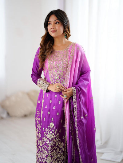 Purple Shaded Chinon Silk Sequins Work Palazzo Suit