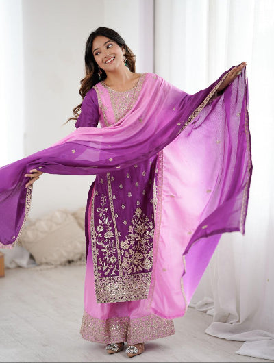 Purple Shaded Chinon Silk Sequins Work Palazzo Suit