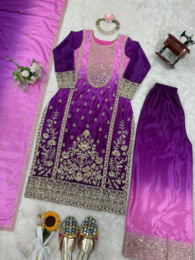 Purple Shaded Chinon Silk Sequins Work Palazzo Suit