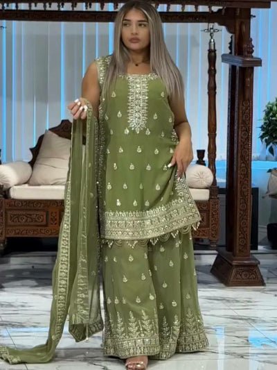 Mehandi Green Georgette Fancy Detailing Sharara Suit Set - BONYHUBSALWAR KAMEEZ