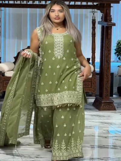 Mehandi Green Georgette Fancy Detailing Sharara Suit Set - BONYHUBSALWAR KAMEEZ