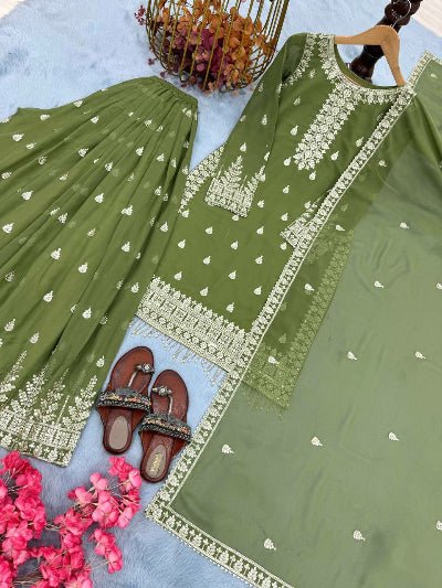 Mehandi Green Georgette Fancy Detailing Sharara Suit Set - BONYHUBSALWAR KAMEEZ