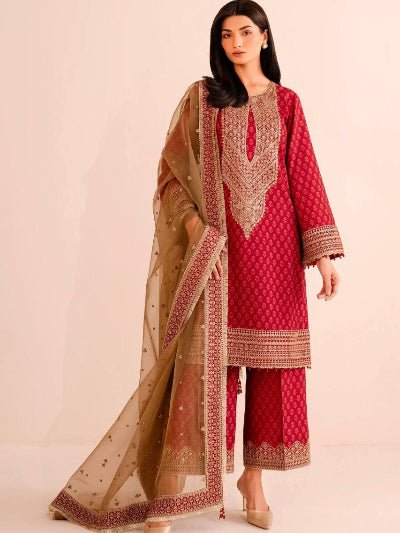 Red Chinon Silk Palazzo Suit Set With Gold Dupatta - BONYHUBSALWAR KAMEEZ