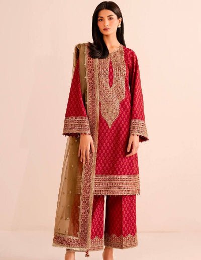 Red Chinon Silk Palazzo Suit Set With Gold Dupatta - BONYHUBSALWAR KAMEEZ