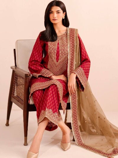 Red Chinon Silk Palazzo Suit Set With Gold Dupatta - BONYHUBSALWAR KAMEEZ