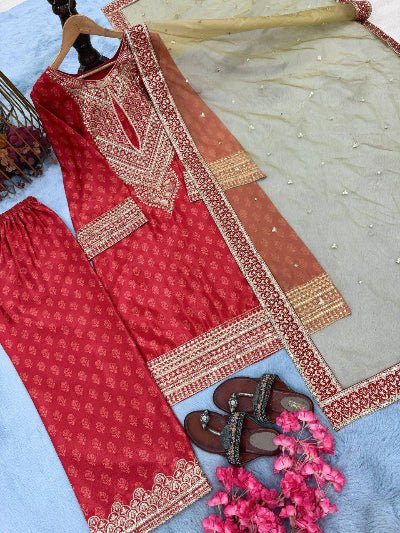 Red Chinon Silk Palazzo Suit Set With Gold Dupatta - BONYHUBSALWAR KAMEEZ