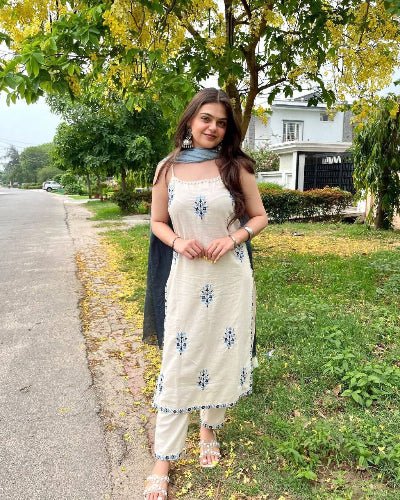 Off White Khadi Cotton Salwar Suit Dual Tone Dupatta - BONYHUBSALWAR KAMEEZ