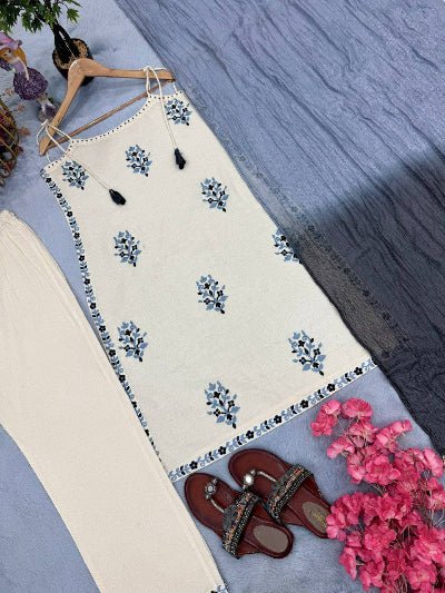 Off White Khadi Cotton Salwar Suit Dual Tone Dupatta - BONYHUBSALWAR KAMEEZ