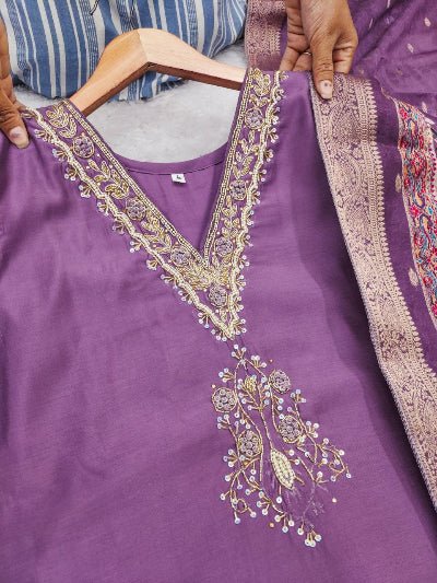 Lavender Roman Silk Salwar Suit With Muslin Dupatta - BONYHUBSALWAR KAMEEZ