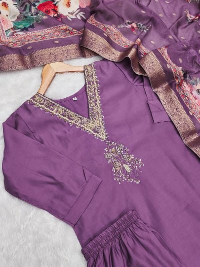 Lavender Roman Silk Salwar Suit With Muslin Dupatta - BONYHUBSALWAR KAMEEZ