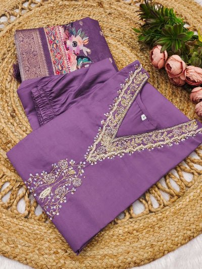 Lavender Roman Silk Salwar Suit With Muslin Dupatta - BONYHUBSALWAR KAMEEZ