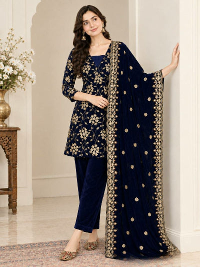 Navy Blue Velvet Embroidered Suit Set