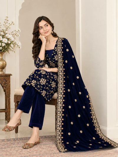 Navy Blue Velvet Embroidered Suit Set
