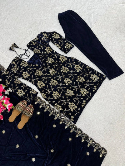 Navy Blue Velvet Embroidered Suit Set
