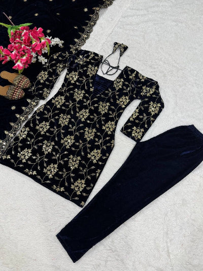 Navy Blue Velvet Embroidered Suit Set