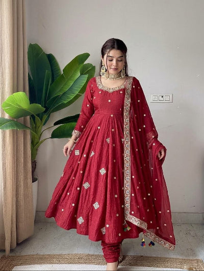 Rust Red Embroidered Anarkali Suit