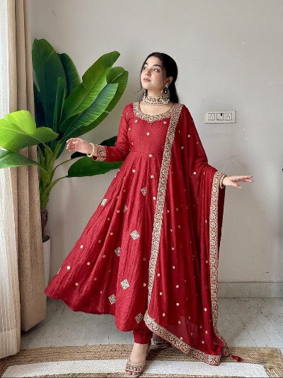 Rust Red Embroidered Anarkali Suit