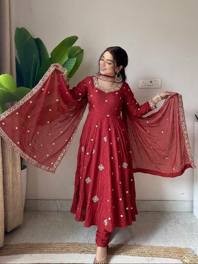 Rust Red Embroidered Anarkali Suit