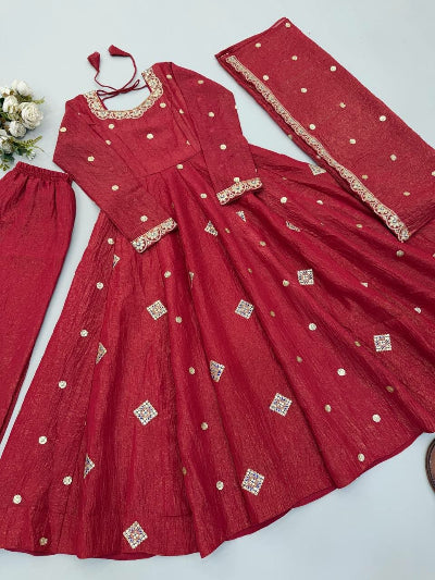 Rust Red Embroidered Anarkali Suit