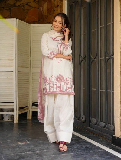 Off White Pink Printed Khadi Cotton Farshi Suit Set