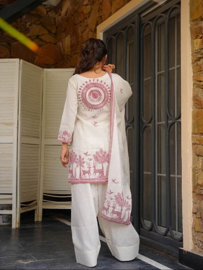 Off White Pink Printed Khadi Cotton Farshi Suit Set