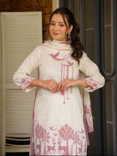 Off White Pink Printed Khadi Cotton Farshi Suit Set